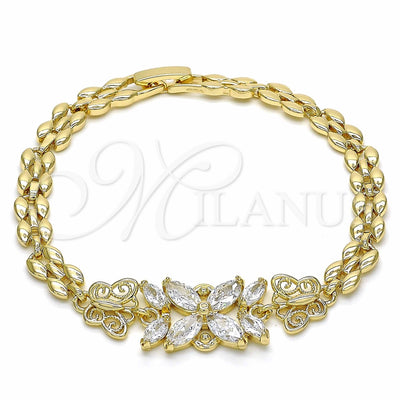 Oro Laminado Fancy Bracelet, Gold Filled Style Flower and Butterfly Design, with White Cubic Zirconia for wholesale, main product view