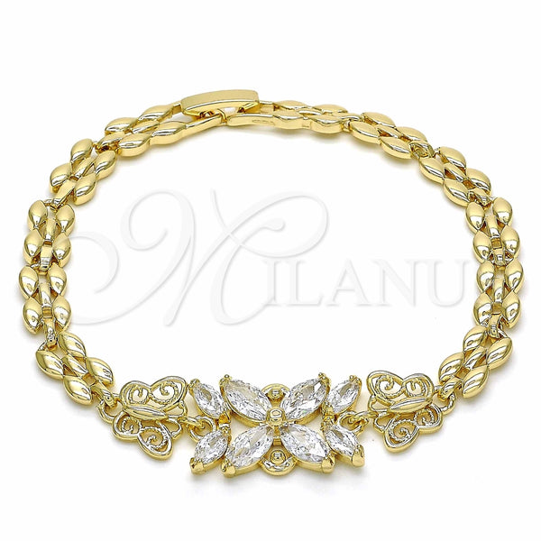 Oro Laminado Fancy Bracelet, Gold Filled Style Flower and Butterfly Design, with White Cubic Zirconia, Polished, Golden Finish, 03.357.0014.07 (06 MM Thickness, 7 Inches Length)