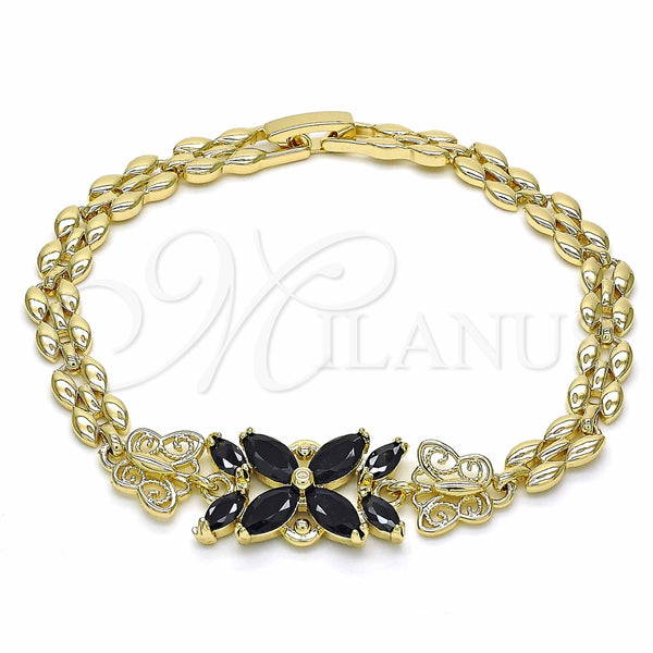 Oro Laminado Fancy Bracelet, Gold Filled Style Flower and Butterfly Design, with Black Cubic Zirconia, Polished, Golden Finish, 03.357.0014.3.07 (06 MM Thickness, 7 Inches Length)