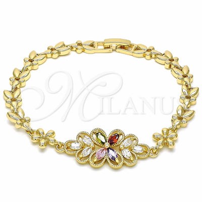 Oro Laminado Fancy Bracelet, Gold Filled Style Flower Design, with Multicolor Cubic Zirconia, Polished, Golden Finish, 03.357.0016.1.07 (06 MM Thickness, 7 Inches Length)