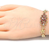 Oro Laminado Fancy Bracelet, Gold Filled Style Flower Design, with Garnet Cubic Zirconia, Polished, Golden Finish, 03.357.0016.2.07 (06 MM Thickness, 7 Inches Length)