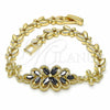Oro Laminado Fancy Bracelet, Gold Filled Style Flower Design, with Black Cubic Zirconia, Polished, Golden Finish, 03.357.0016.3.07 (06 MM Thickness, 7 Inches Length)