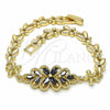 Oro Laminado Fancy Bracelet, Gold Filled Style Flower Design, with Black Cubic Zirconia, Polished, Golden Finish, 03.357.0016.3.07 (06 MM Thickness, 7 Inches Length)