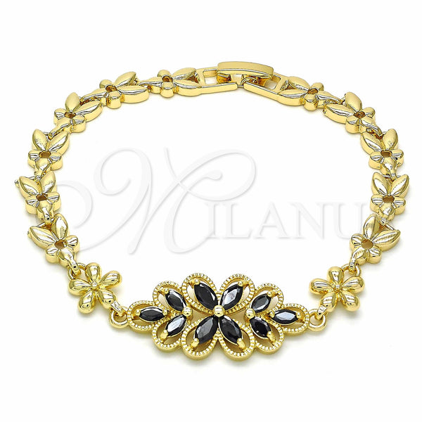 Gold Filled Bracelet — Fancy Bracelet Flower Design with Black Cubic Zirconia — main product view — SKU 129115 | Oro Laminado brazalete — elegante Bracelet flor diseño with negro Cubic Zirconia — SKU 129115