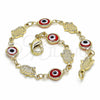 Oro Laminado Fancy Bracelet, Gold Filled Style Evil Eye and Hand of God Design, Red Resin Finish, Golden Finish, 03.326.0007.06 (07 MM Thickness, 6 Inches Length)