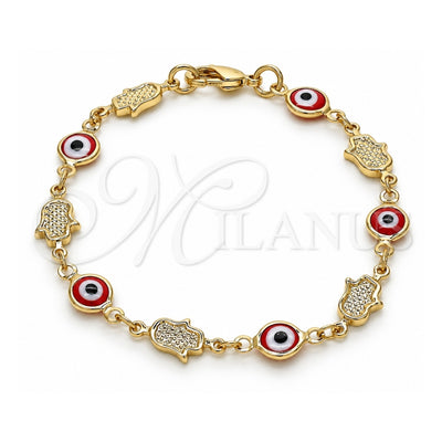 Oro Laminado Fancy Bracelet, Gold Filled Style Judaica and Evil Eye Design, Red Resin Finish, Golden Finish, 03.326.0007.06 (07 MM Thickness, 6 Inches Length)