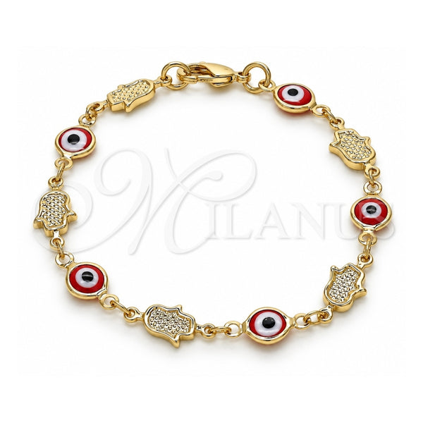 Oro Laminado Fancy Bracelet, Gold Filled Style Judaica and Evil Eye Design, Red Resin Finish, Golden Finish, 03.326.0007.06 (07 MM Thickness, 6 Inches Length)