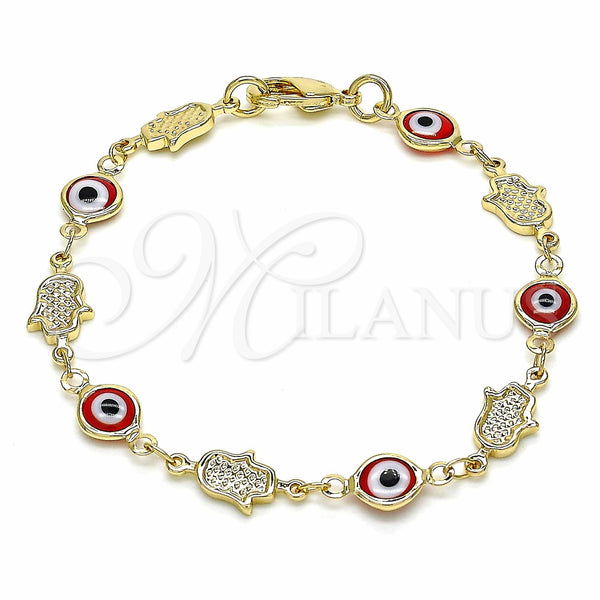 Oro Laminado Fancy Bracelet, Gold Filled Style Evil Eye and Hand of God Design, Red Resin Finish, Golden Finish, 03.326.0007.06 (07 MM Thickness, 6 Inches Length)