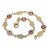 Oro Laminado Fancy Bracelet, Gold Filled Style Evil Eye and Hand of God Design, Red Resin Finish, Golden Finish, 03.326.0007.08 (07 MM Thickness, 8 Inches Length)