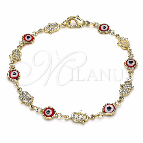 Oro Laminado Fancy Bracelet, Gold Filled Style Evil Eye and Hand of God Design, Red Resin Finish, Golden Finish, 03.326.0007.08 (07 MM Thickness, 8 Inches Length)