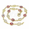 Oro Laminado Fancy Anklet, Gold Filled Style Evil Eye and Hand of God Design, Red Resin Finish, Golden Finish, 03.326.0007.10 (07 MM Thickness, 10 Inches Length)