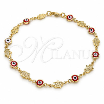 Oro Laminado Fancy Anklet, Gold Filled Style Evil Eye and Hand of God Design, Red Resin Finish, Golden Finish, 03.326.0007.10 (07 MM Thickness, 10 Inches Length)