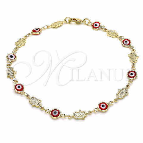 Oro Laminado Fancy Anklet, Gold Filled Style Evil Eye and Hand of God Design, Red Resin Finish, Golden Finish, 03.326.0007.10 (07 MM Thickness, 10 Inches Length)