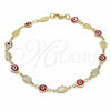 Oro Laminado Fancy Anklet, Gold Filled Style Evil Eye and Hand of God Design, Red Resin Finish, Golden Finish, 03.326.0007.10 (07 MM Thickness, 10 Inches Length)