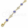 Oro Laminado Fancy Bracelet, Gold Filled Style Evil Eye and Hand of God Design, Blue Resin Finish, Golden Finish, 03.326.0007.1.06 (07 MM Thickness, 6 Inches Length)
