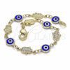 Oro Laminado Fancy Bracelet, Gold Filled Style Evil Eye and Hand of God Design, Blue Resin Finish, Golden Finish, 03.326.0007.1.06 (07 MM Thickness, 6 Inches Length)