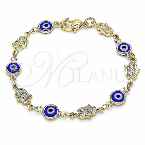 Oro Laminado Fancy Bracelet, Gold Filled Style Evil Eye and Hand of God Design, Blue Resin Finish, Golden Finish, 03.326.0007.1.06 (07 MM Thickness, 6 Inches Length)
