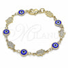Oro Laminado Fancy Bracelet, Gold Filled Style Evil Eye and Hand of God Design, Blue Resin Finish, Golden Finish, 03.326.0007.1.06 (07 MM Thickness, 6 Inches Length)