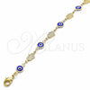 Oro Laminado Fancy Bracelet, Gold Filled Style Evil Eye and Hand of God Design, Blue Resin Finish, Golden Finish, 03.326.0007.1.08 (07 MM Thickness, 8 Inches Length)