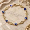 Oro Laminado Fancy Bracelet, Gold Filled Style Evil Eye and Hand of God Design, Blue Resin Finish, Golden Finish, 03.326.0007.1.08 (07 MM Thickness, 8 Inches Length)