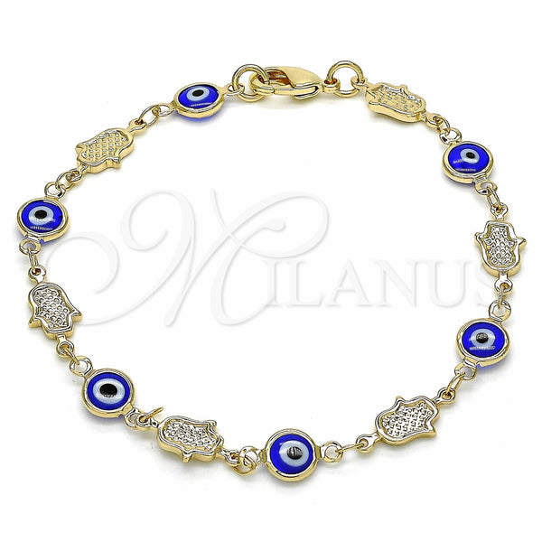 Oro Laminado Fancy Bracelet, Gold Filled Style Evil Eye and Hand of God Design, Blue Resin Finish, Golden Finish, 03.326.0007.1.08 (07 MM Thickness, 8 Inches Length)