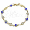 Oro Laminado Fancy Bracelet, Gold Filled Style Evil Eye and Hand of God Design, Blue Resin Finish, Golden Finish, 03.326.0007.1.08 (07 MM Thickness, 8 Inches Length)