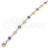 Oro Laminado Fancy Anklet, Gold Filled Style Evil Eye and Hand of God Design, Blue Resin Finish, Golden Finish, 03.326.0007.1.10 (07 MM Thickness, 10 Inches Length)