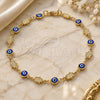 Oro Laminado Fancy Anklet, Gold Filled Style Evil Eye and Hand of God Design, Blue Resin Finish, Golden Finish, 03.326.0007.1.10 (07 MM Thickness, 10 Inches Length)