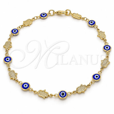 Oro Laminado Fancy Anklet, Gold Filled Style Evil Eye and Hand of God Design, Blue Resin Finish, Golden Finish, 03.326.0007.1.10 (07 MM Thickness, 10 Inches Length)
