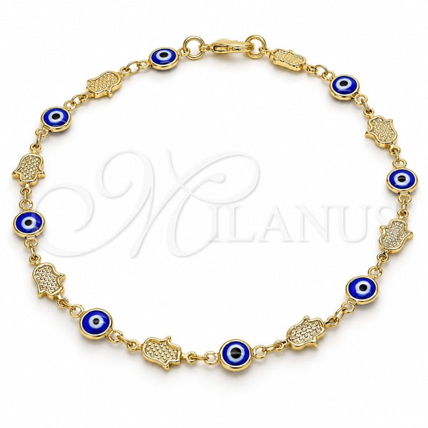 Oro Laminado Fancy Anklet, Gold Filled Style Evil Eye and Hand of God Design, Blue Resin Finish, Golden Finish, 03.326.0007.1.10 (07 MM Thickness, 10 Inches Length)