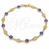 Oro Laminado Fancy Anklet, Gold Filled Style Evil Eye and Hand of God Design, Blue Resin Finish, Golden Finish, 03.326.0007.1.10 (07 MM Thickness, 10 Inches Length)