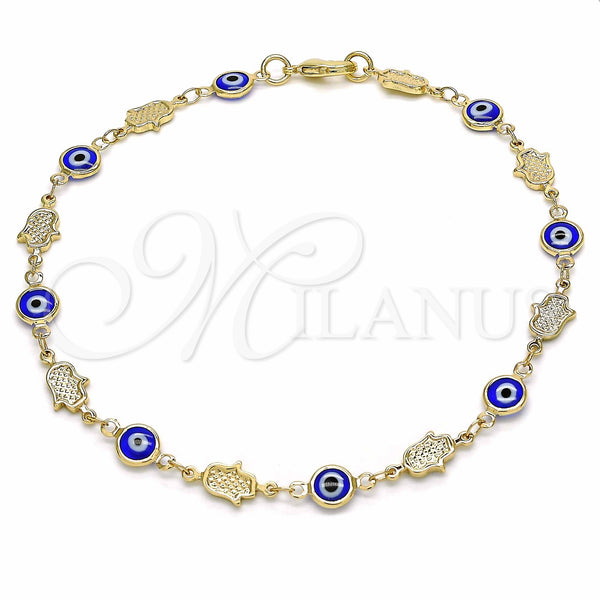 Oro Laminado Fancy Anklet, Gold Filled Style Evil Eye and Hand of God Design, Blue Resin Finish, Golden Finish, 03.326.0007.1.10 (07 MM Thickness, 10 Inches Length)