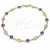 Oro Laminado Fancy Anklet, Gold Filled Style Evil Eye and Hand of God Design, Blue Resin Finish, Golden Finish, 03.326.0007.1.10 (07 MM Thickness, 10 Inches Length)