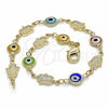 Oro Laminado Fancy Bracelet, Gold Filled Style Evil Eye and Hand of God Design, Multicolor Resin Finish, Golden Finish, 03.326.0007.2.08 (07 MM Thickness, 8 Inches Length)