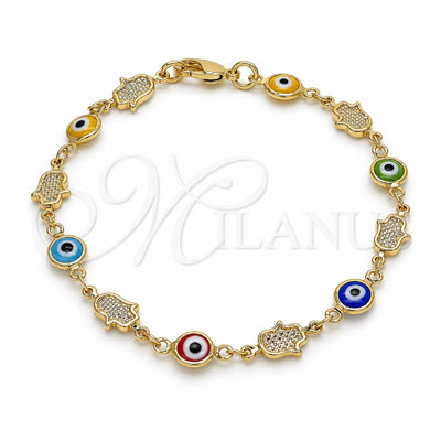 Oro Laminado Fancy Bracelet, Gold Filled Style Evil Eye and Hand of God Design, Multicolor Resin Finish, Golden Finish, 03.326.0007.2.08 (07 MM Thickness, 8 Inches Length)