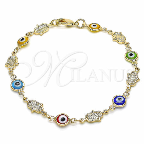 Oro Laminado Fancy Bracelet, Gold Filled Style Evil Eye and Hand of God Design, Multicolor Resin Finish, Golden Finish, 03.326.0007.2.08 (07 MM Thickness, 8 Inches Length)