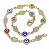 Oro Laminado Fancy Anklet, Gold Filled Style Evil Eye and Hand of God Design, Multicolor Resin Finish, Golden Finish, 03.326.0007.2.10 (07 MM Thickness, 10 Inches Length)