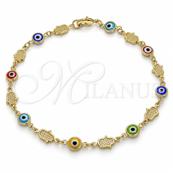 Oro Laminado Fancy Anklet, Gold Filled Style Evil Eye and Hand of God Design, Multicolor Resin Finish, Golden Finish, 03.326.0007.2.10 (07 MM Thickness, 10 Inches Length)