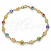 Oro Laminado Fancy Anklet, Gold Filled Style Evil Eye and Hand of God Design, Multicolor Resin Finish, Golden Finish, 03.326.0007.2.10 (07 MM Thickness, 10 Inches Length)