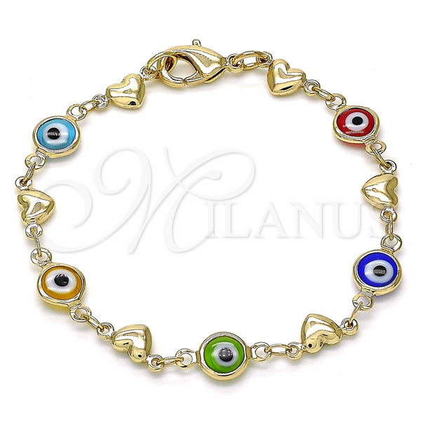 Oro Laminado Fancy Bracelet, Gold Filled Style Evil Eye and Heart Design, Multicolor Resin Finish, Golden Finish, 03.326.0008.06 (07 MM Thickness, 6 Inches Length)