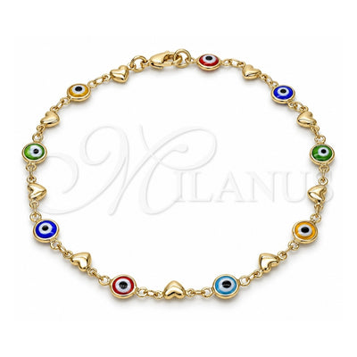 Oro Laminado Fancy Anklet, Gold Filled Style Evil Eye and Heart Design, Multicolor Resin Finish, Golden Finish, 03.326.0008.10 (07 MM Thickness, 10 Inches Length)