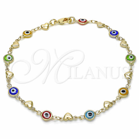 Oro Laminado Fancy Anklet, Gold Filled Style Evil Eye and Heart Design, Multicolor Resin Finish, Golden Finish, 03.326.0008.10 (07 MM Thickness, 10 Inches Length)