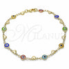 Oro Laminado Fancy Anklet, Gold Filled Style Evil Eye and Heart Design, Multicolor Resin Finish, Golden Finish, 03.326.0008.10 (07 MM Thickness, 10 Inches Length)