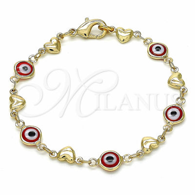 Oro Laminado Fancy Bracelet, Gold Filled Style Evil Eye and Heart Design, Red Resin Finish, Golden Finish, 03.326.0008.1.06 (07 MM Thickness, 6 Inches Length)