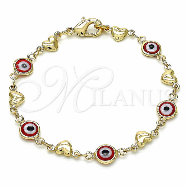 Oro Laminado Fancy Bracelet, Gold Filled Style Evil Eye and Heart Design, Red Resin Finish, Golden Finish, 03.326.0008.1.06 (07 MM Thickness, 6 Inches Length)