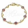 Oro Laminado Fancy Bracelet, Gold Filled Style Evil Eye and Heart Design, Red Resin Finish, Golden Finish, 03.326.0008.1.06 (07 MM Thickness, 6 Inches Length)