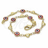 Oro Laminado Fancy Bracelet, Gold Filled Style Evil Eye and Heart Design, Red Resin Finish, Golden Finish, 03.326.0008.1.08 (07 MM Thickness, 8 Inches Length)