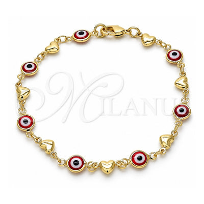 Oro Laminado Fancy Bracelet, Gold Filled Style Evil Eye and Heart Design, Red Resin Finish, Golden Finish, 03.326.0008.1.08 (07 MM Thickness, 8 Inches Length)