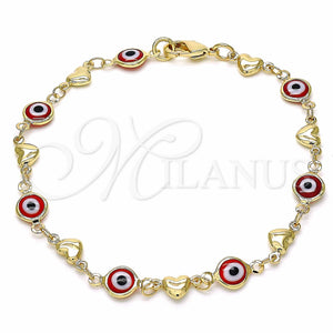 Gold Filled Bracelet — Fancy Bracelet Evil Eye and Heart Design Red — main product view — SKU 129141 | Oro Laminado brazalete — elegante Bracelet Evil Eye and corazón diseño Red — SKU 129141