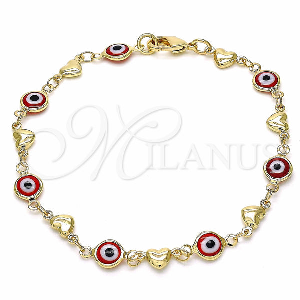 Oro Laminado Fancy Bracelet, Gold Filled Style Evil Eye and Heart Design, Red Resin Finish, Golden Finish, 03.326.0008.1.08 (07 MM Thickness, 8 Inches Length)